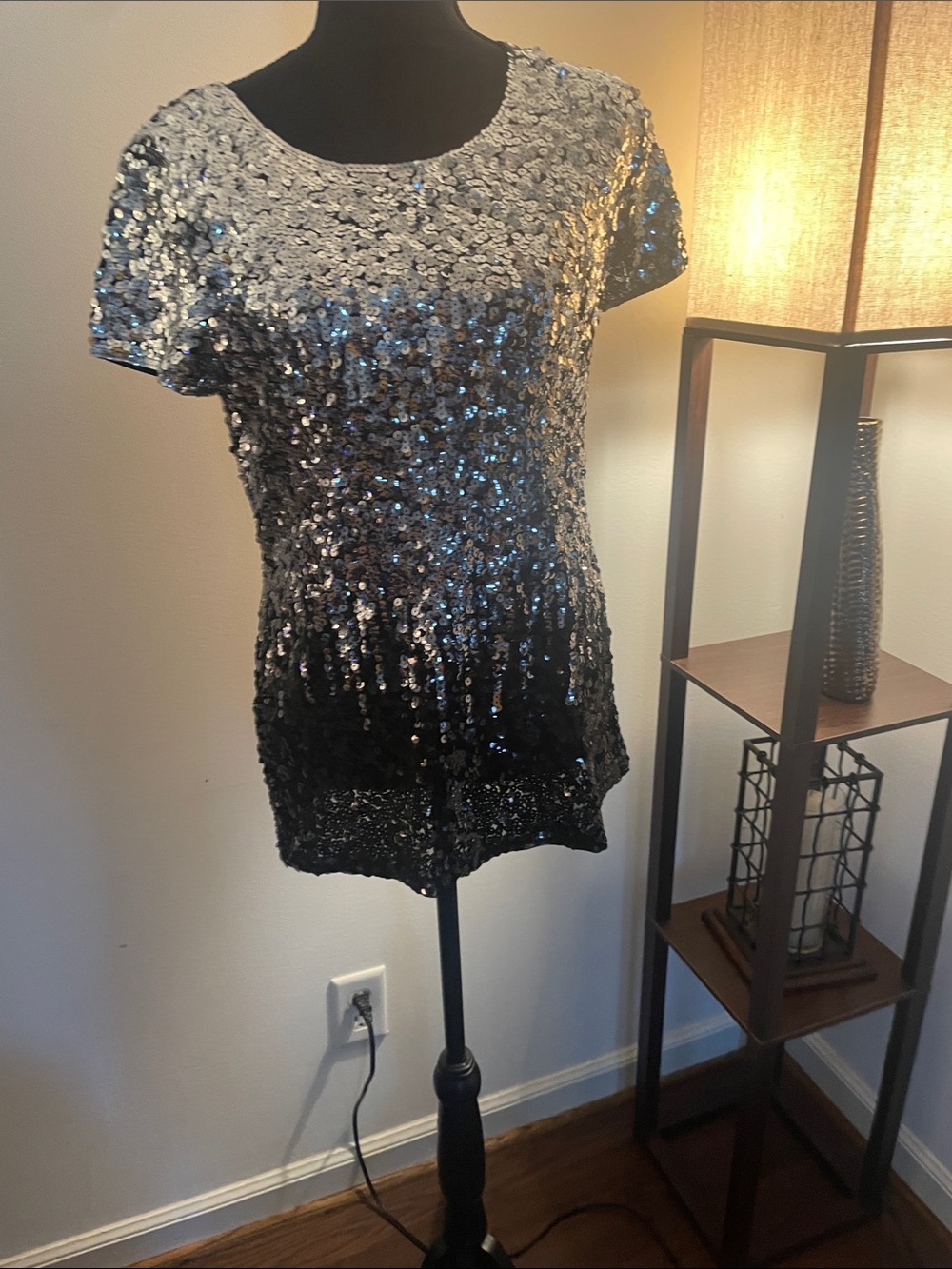 Sequin Ombre Short Sleeve Top - Silver to Black